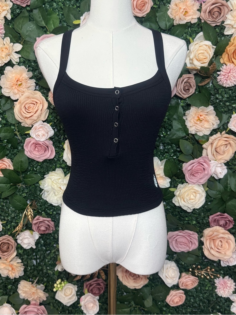 FP Movement by Free People Black Ribbed Button-Front Camisole